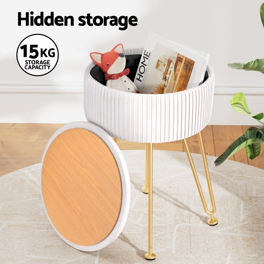 Artiss Ottoman Storage Foot Stool Vanity Velvet Round White - TRENDZ