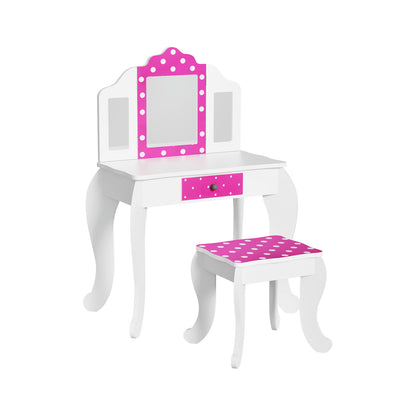 Keezi Kids Dressing Table Vanity Makeup Chair Set Wooden 3 Mirror Drawer Pink - TRENDZ