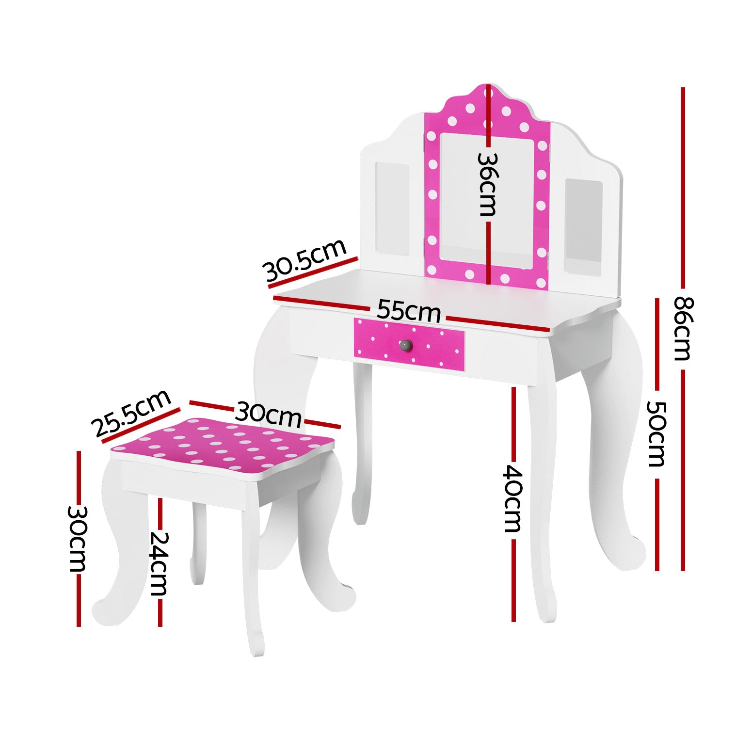 Keezi Kids Dressing Table Vanity Makeup Chair Set Wooden 3 Mirror Drawer Pink - TRENDZ