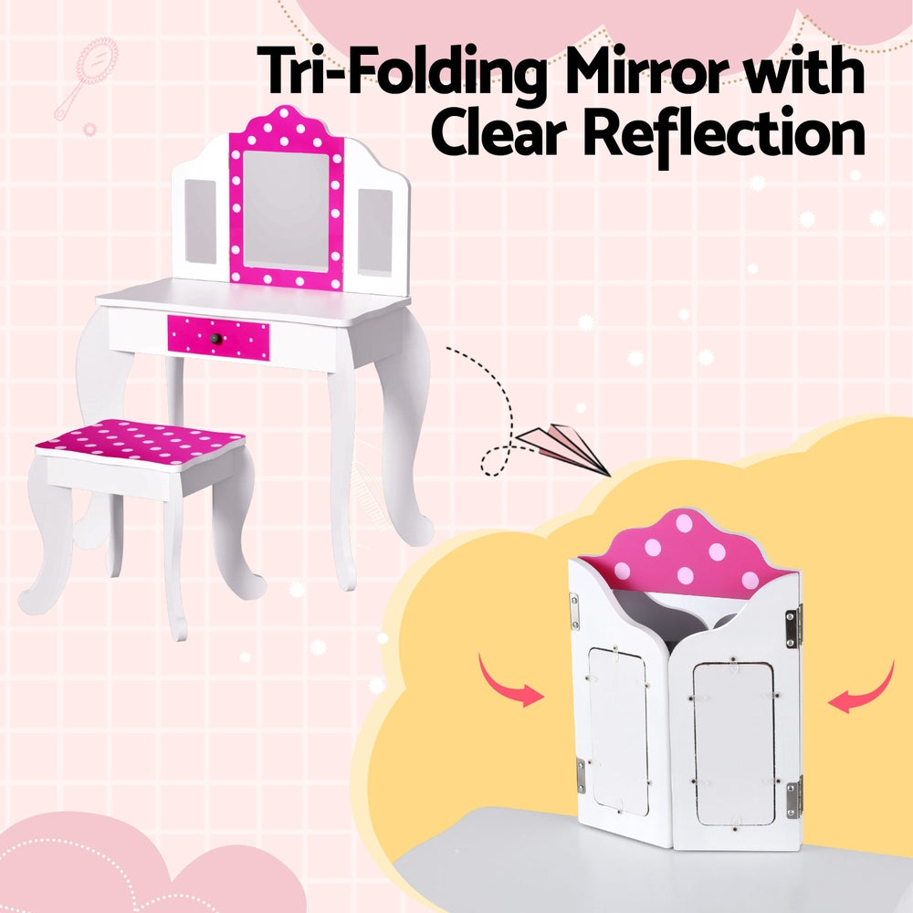 Keezi Kids Dressing Table Vanity Makeup Chair Set Wooden 3 Mirror Drawer Pink - TRENDZ