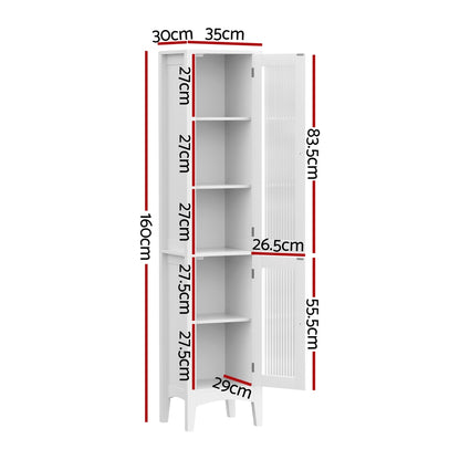 Artiss Bathroom Storage Cabinet 160cm Tall Slim Floor Cupboard Toilet Glass Door White - TRENDZ