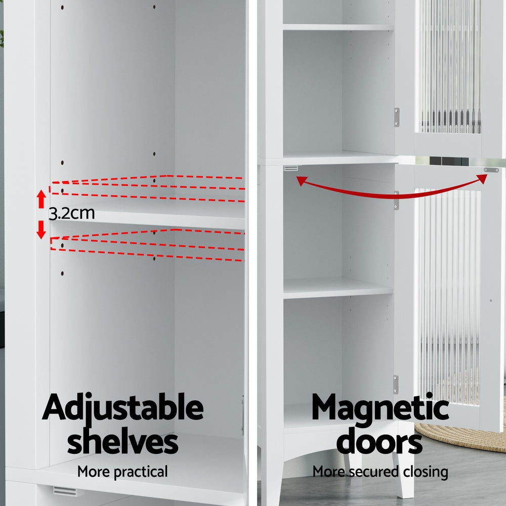 Artiss Bathroom Storage Cabinet 160cm Tall Slim Floor Cupboard Toilet Glass Door White - TRENDZ