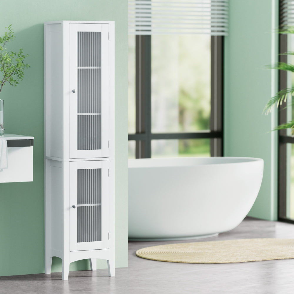Artiss Bathroom Storage Cabinet 160cm Tall Slim Floor Cupboard Toilet Glass Door White - TRENDZ