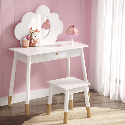 Keezi Kids Dressing Table Chair Set Vanity Makeup Wooden Leg Mirror Drawer - TRENDZ