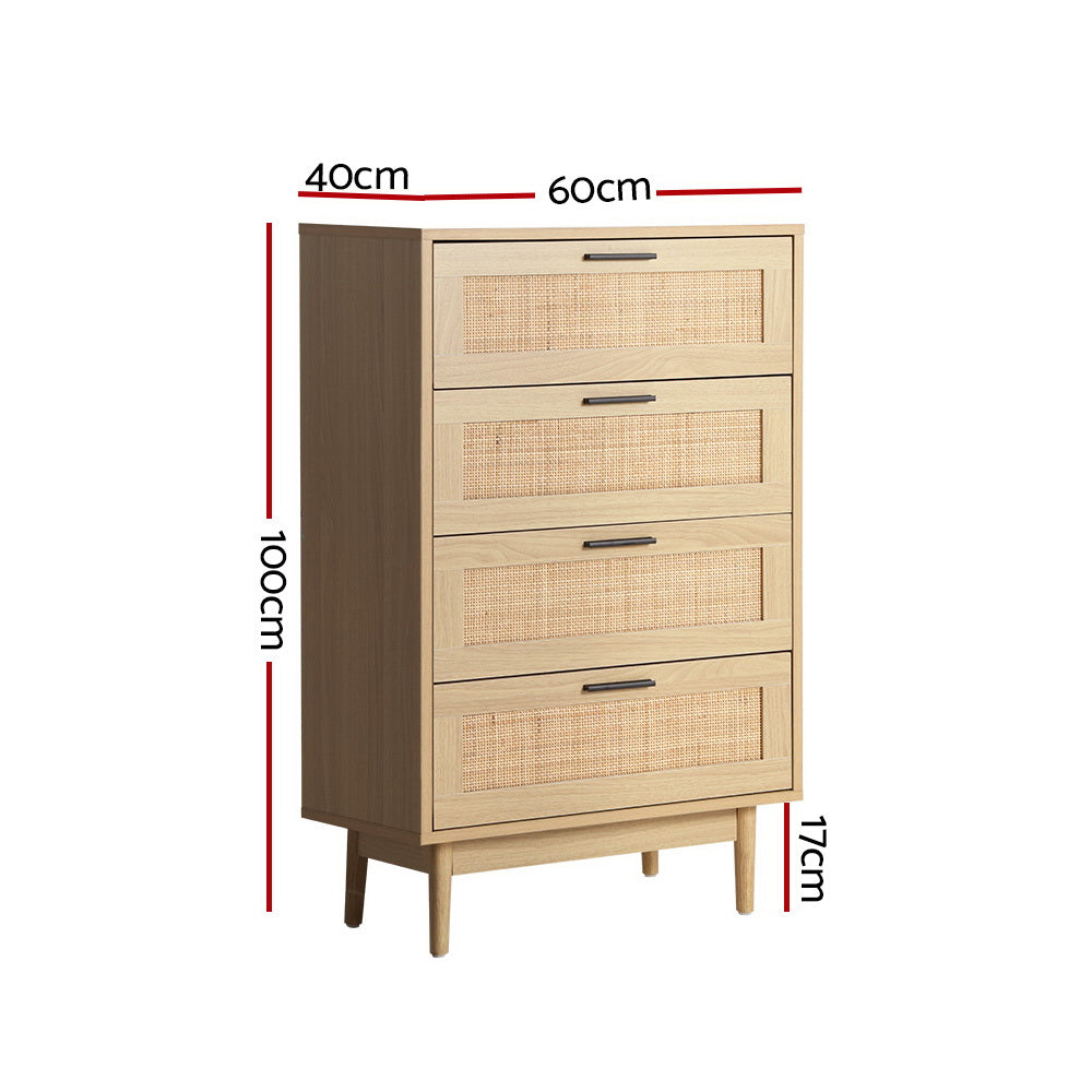Artiss 4 Chest of Drawers Rattan Tallboy Pine - BRIONY - TRENDZ