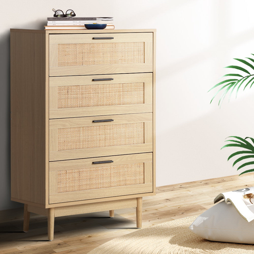 Artiss 4 Chest of Drawers Rattan Tallboy Pine - BRIONY - TRENDZ