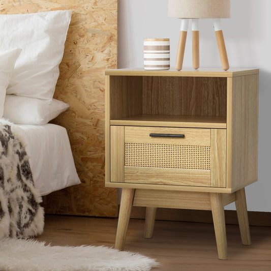 Artiss Rattan Bedside Table 1 Drawer with Shelf - REI Oak - TRENDZ