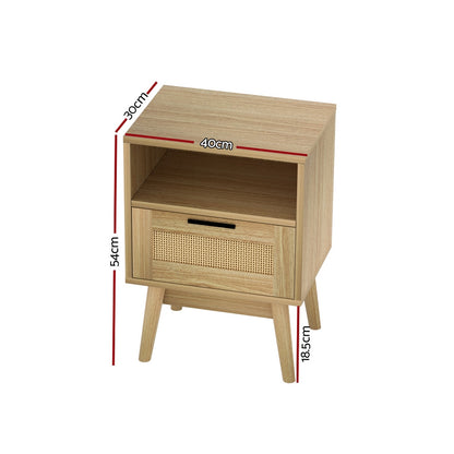 Artiss Rattan Bedside Table 1 Drawer with Shelf - REI Oak - TRENDZ
