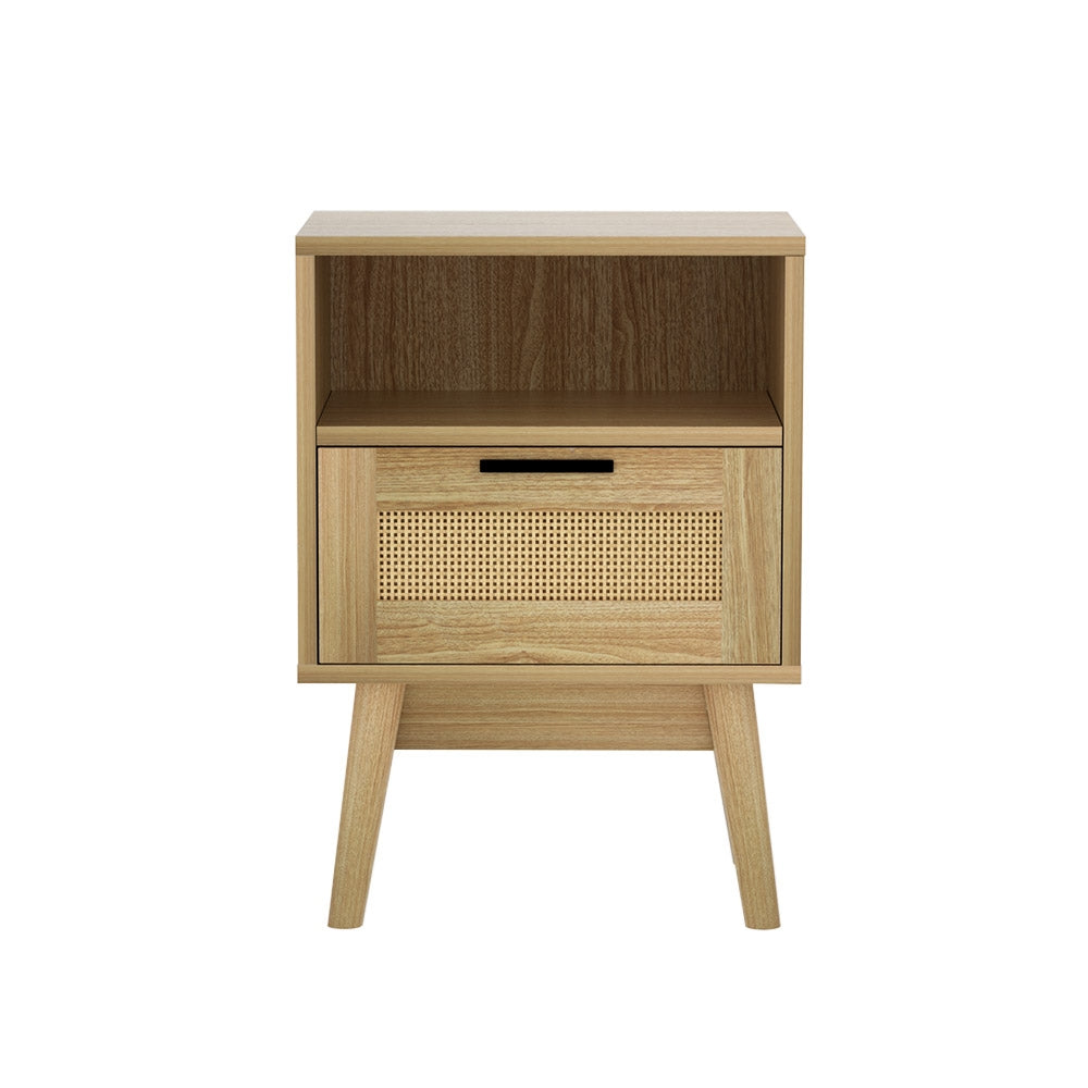 Artiss Rattan Bedside Table 1 Drawer with Shelf - REI Oak - TRENDZ