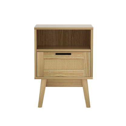 Artiss Rattan Bedside Table 1 Drawer with Shelf - REI Oak - TRENDZ