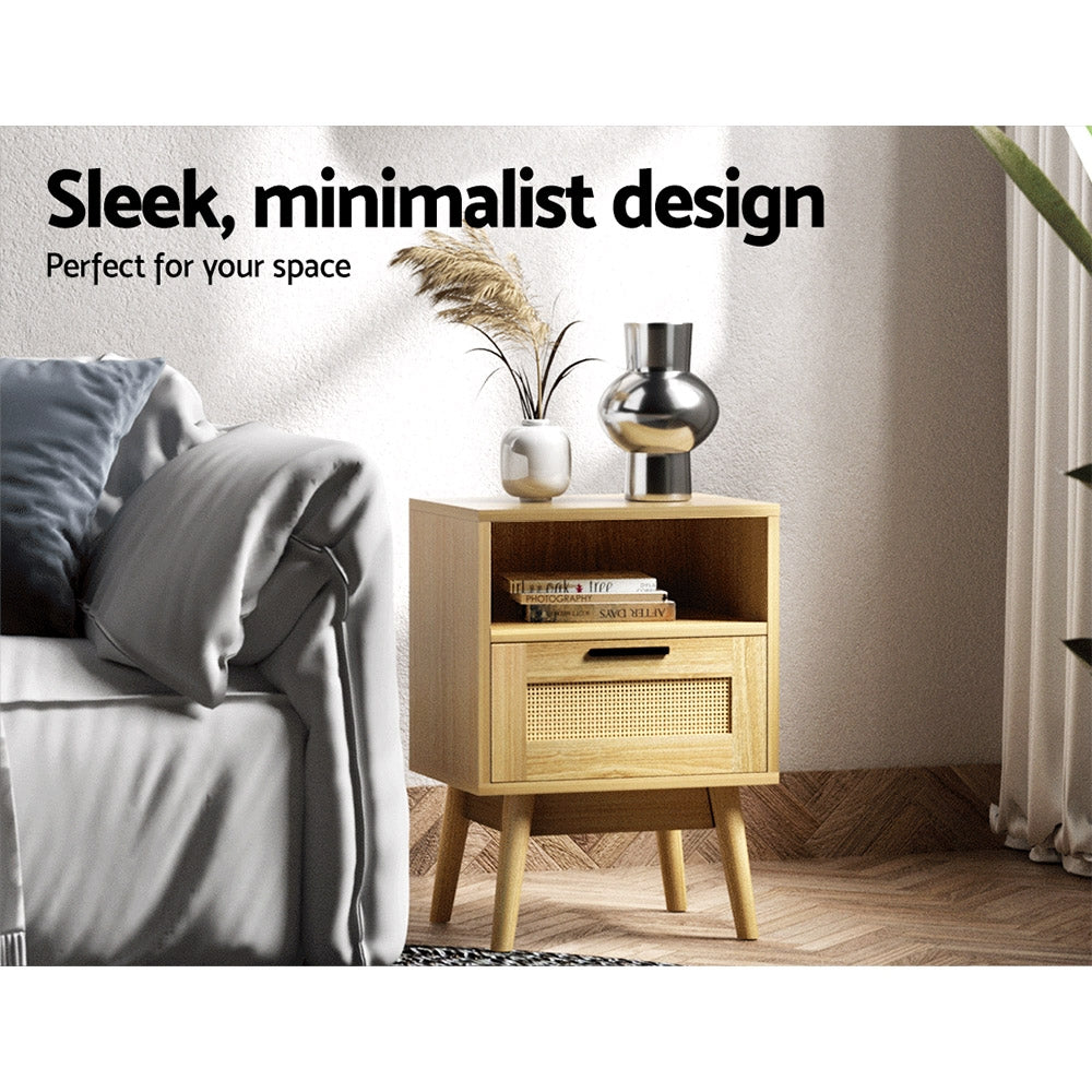 Artiss Rattan Bedside Table 1 Drawer with Shelf - REI Oak - TRENDZ