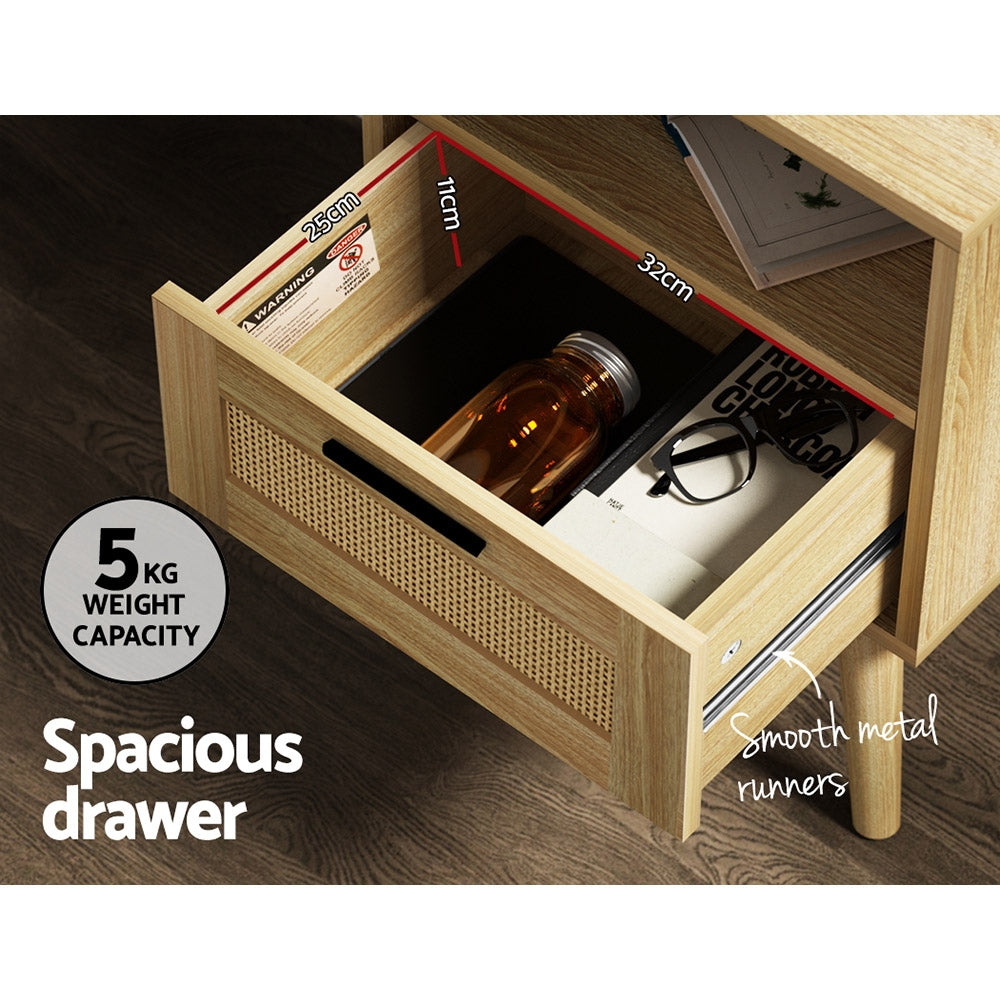 Artiss Rattan Bedside Table 1 Drawer with Shelf - REI Oak - TRENDZ