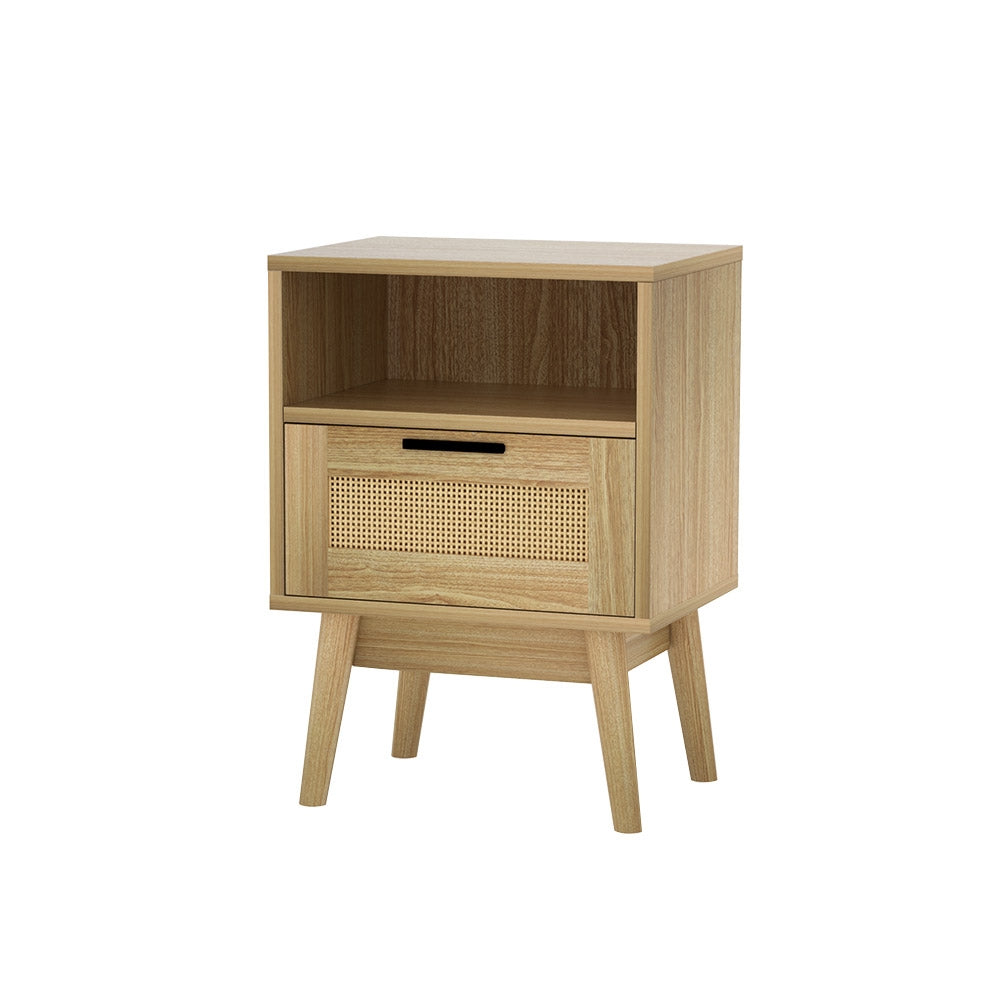 Artiss Rattan Bedside Table 1 Drawer with Shelf - REI Oak - TRENDZ