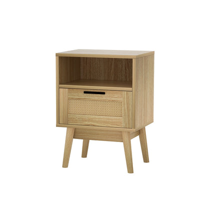 Artiss Rattan Bedside Table 1 Drawer with Shelf - REI Oak - TRENDZ