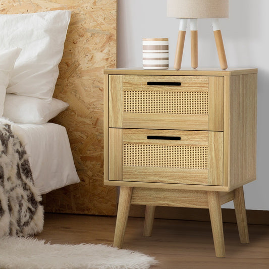 Artiss Rattan Bedside Table 2 Drawers Wood - RIE Oak - TRENDZ