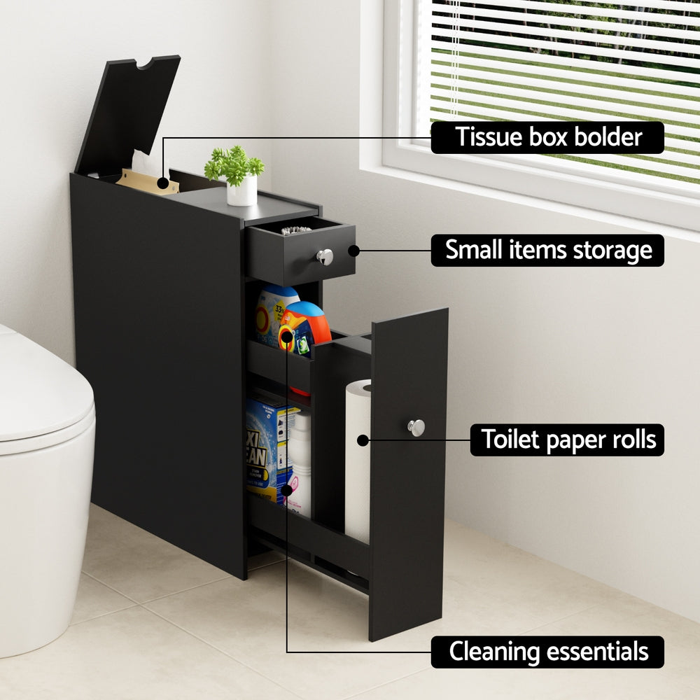 Artiss Bathroom Storage Cabinet Toilet Slim Tissue Box Caddy Holder Side Wooden Black - TRENDZ