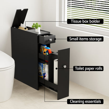 Artiss Bathroom Storage Cabinet Toilet Slim Tissue Box Caddy Holder Side Wooden Black - TRENDZ