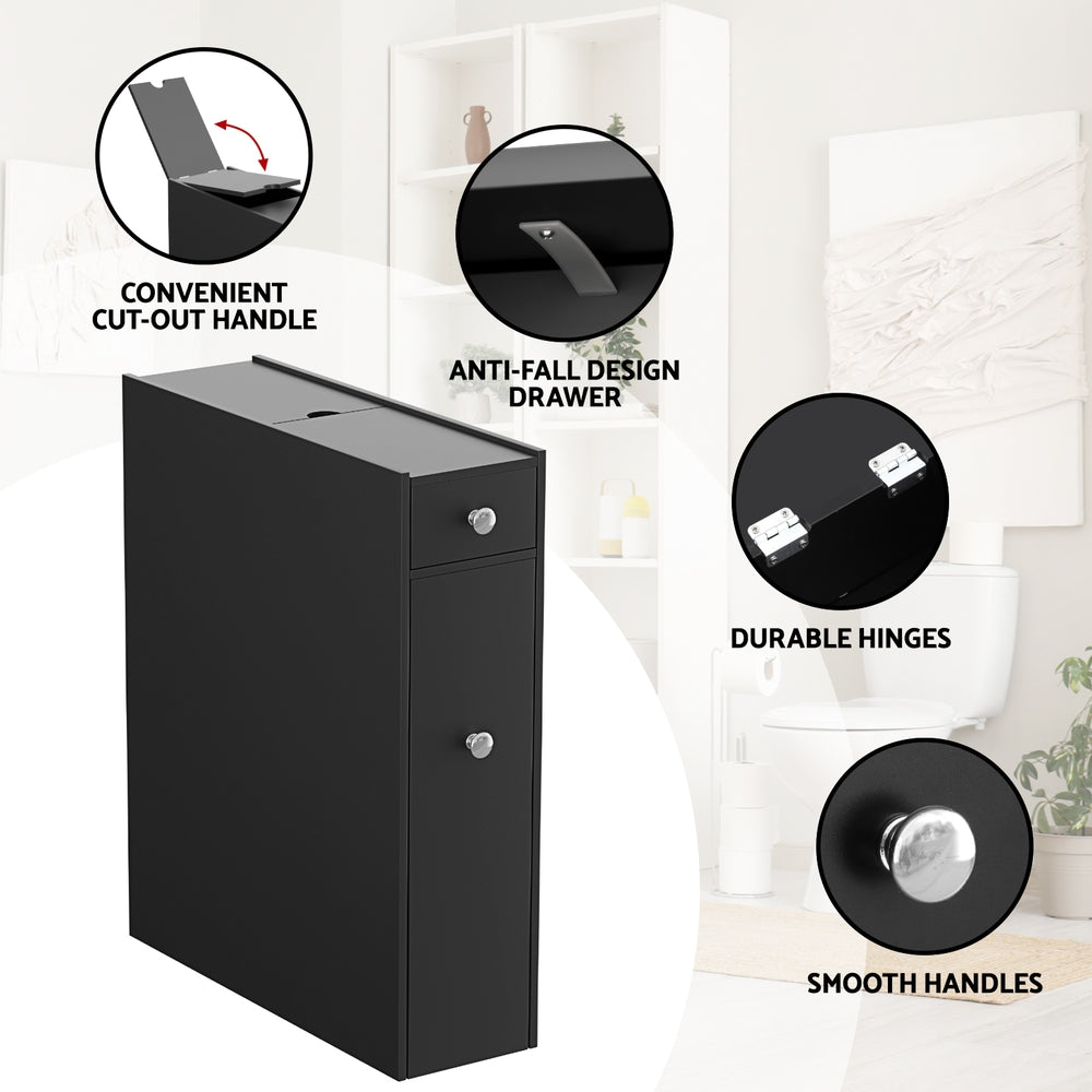 Artiss Bathroom Storage Cabinet Toilet Slim Tissue Box Caddy Holder Side Wooden Black - TRENDZ