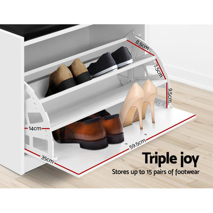 Artiss Shoe Rack Cabinet Bench 15 Pairs White Kyla - TRENDZ