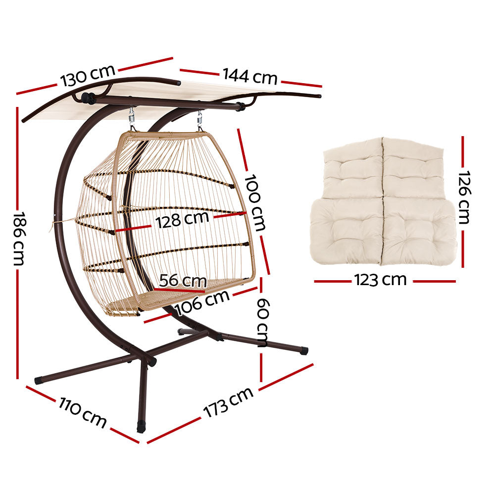 Gardeon Outdoor Egg Swing Chair Wicker Furniture Pod Stand Canopy 2 Seater Latte - TRENDZ