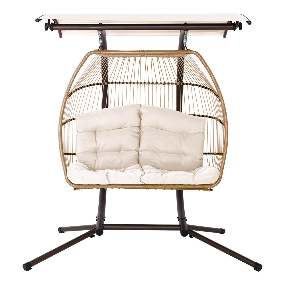Gardeon Outdoor Egg Swing Chair Wicker Furniture Pod Stand Canopy 2 Seater Latte - TRENDZ