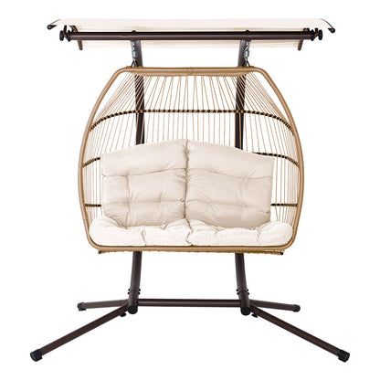 Gardeon Outdoor Egg Swing Chair Wicker Furniture Pod Stand Canopy 2 Seater Latte - TRENDZ