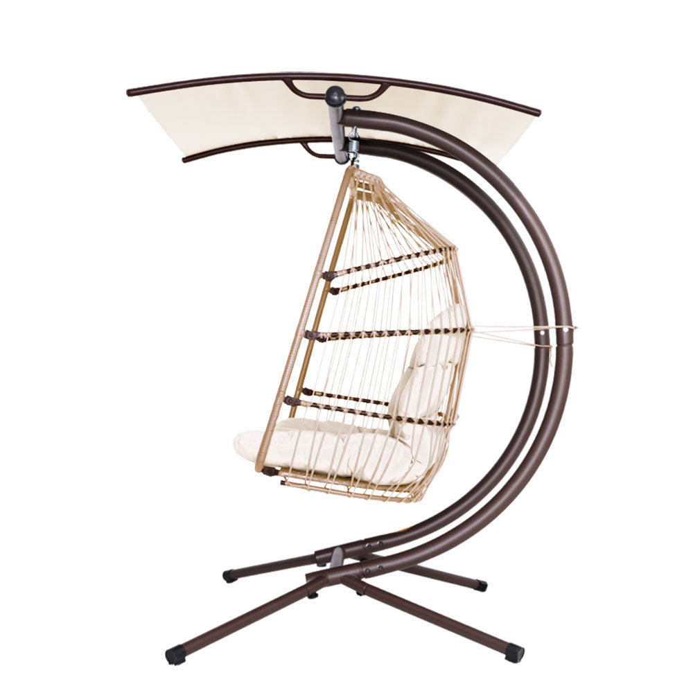 Gardeon Outdoor Egg Swing Chair Wicker Furniture Pod Stand Canopy 2 Seater Latte - TRENDZ