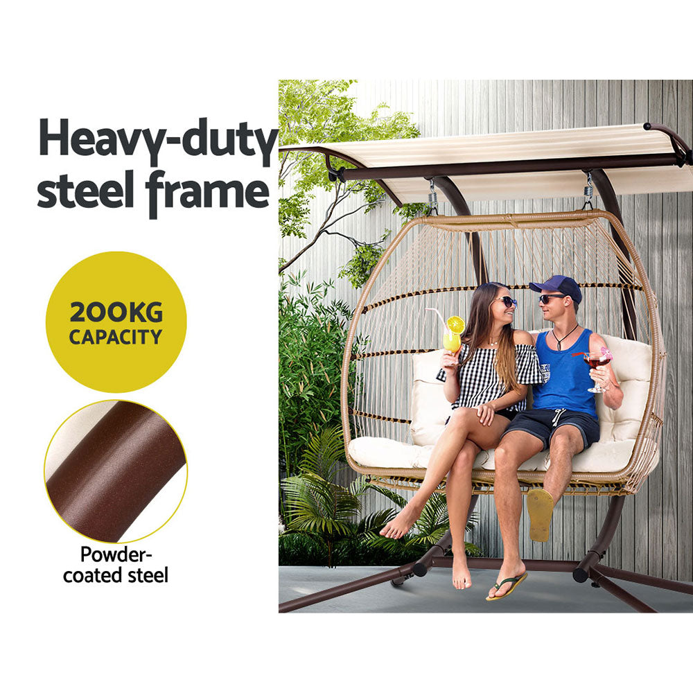 Gardeon Outdoor Egg Swing Chair Wicker Furniture Pod Stand Canopy 2 Seater Latte - TRENDZ