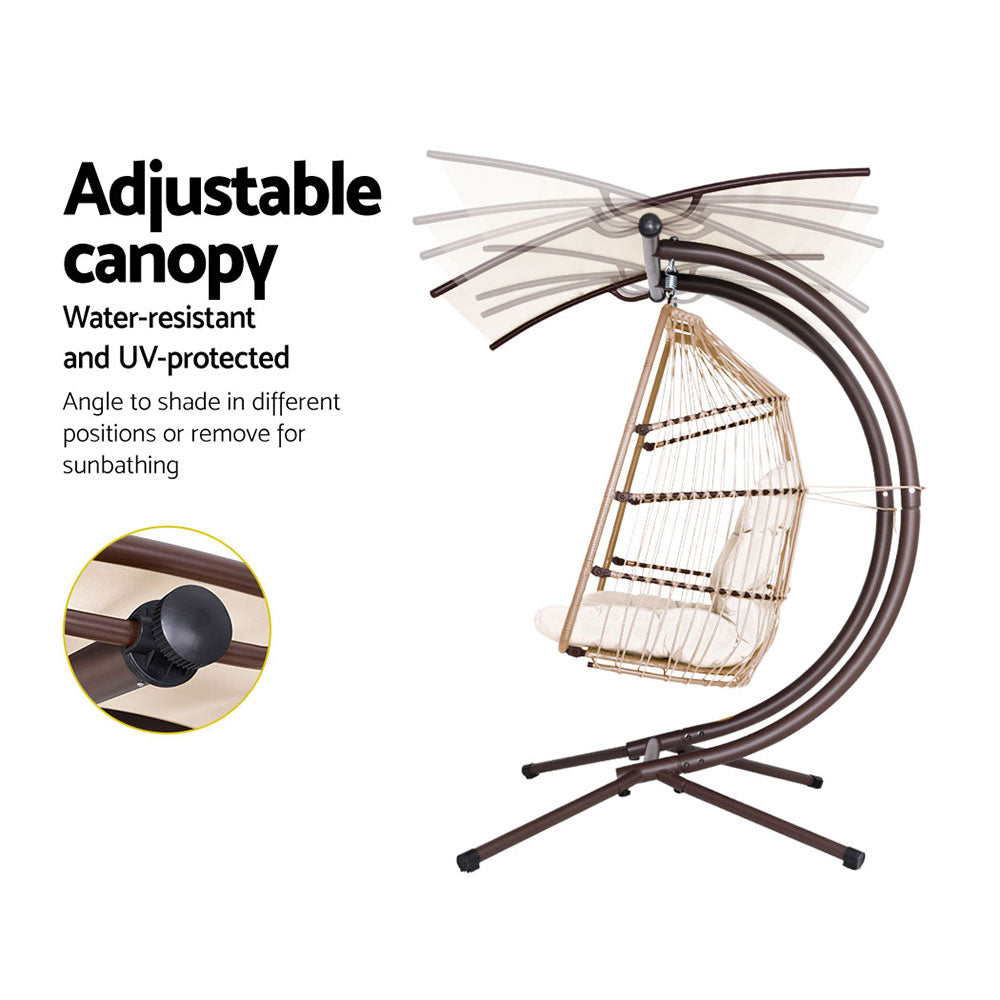 Gardeon Outdoor Egg Swing Chair Wicker Furniture Pod Stand Canopy 2 Seater Latte - TRENDZ