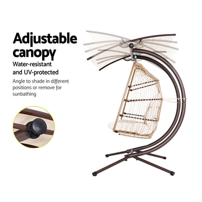 Gardeon Outdoor Egg Swing Chair Wicker Furniture Pod Stand Canopy 2 Seater Latte - TRENDZ