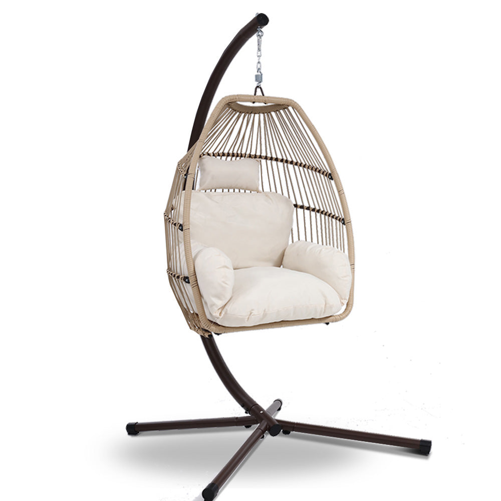 Gardeon Outdoor Egg Swing Chair Hanging Chair Wicker Rope Pod Stand Cushion Latte - TRENDZ