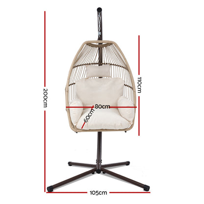 Gardeon Outdoor Egg Swing Chair Hanging Chair Wicker Rope Pod Stand Cushion Latte - TRENDZ