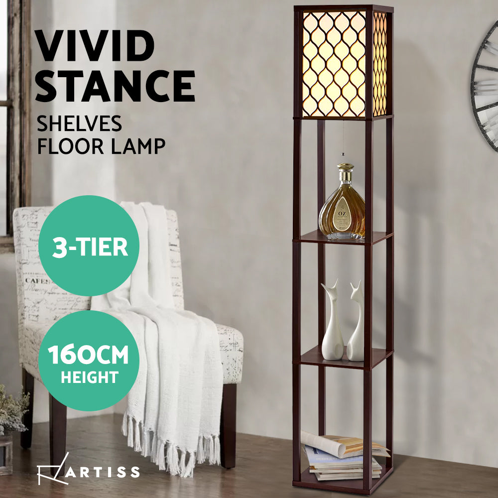 Artiss 3-Tier Shelf Floor Lamp with LED Light Stand – Pattern Brown