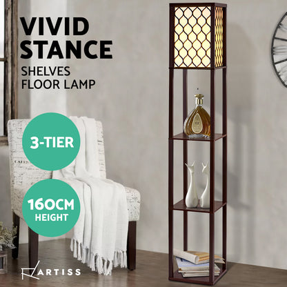 Artiss 3-Tier Shelf Floor Lamp with LED Light Stand – Pattern Brown