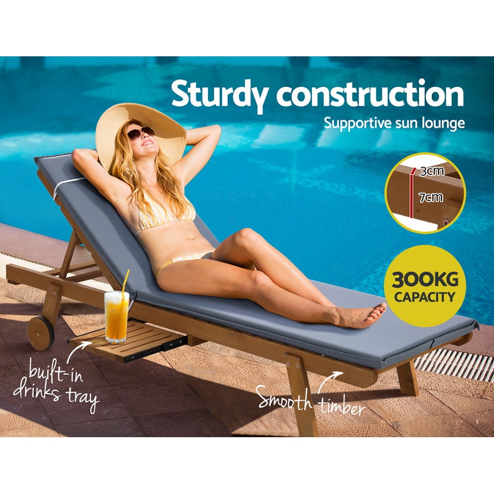 Gardeon 2x Sun Lounge Wooden Lounger Outdoor Furniture Day Bed Wheel Patio Grey - TRENDZ