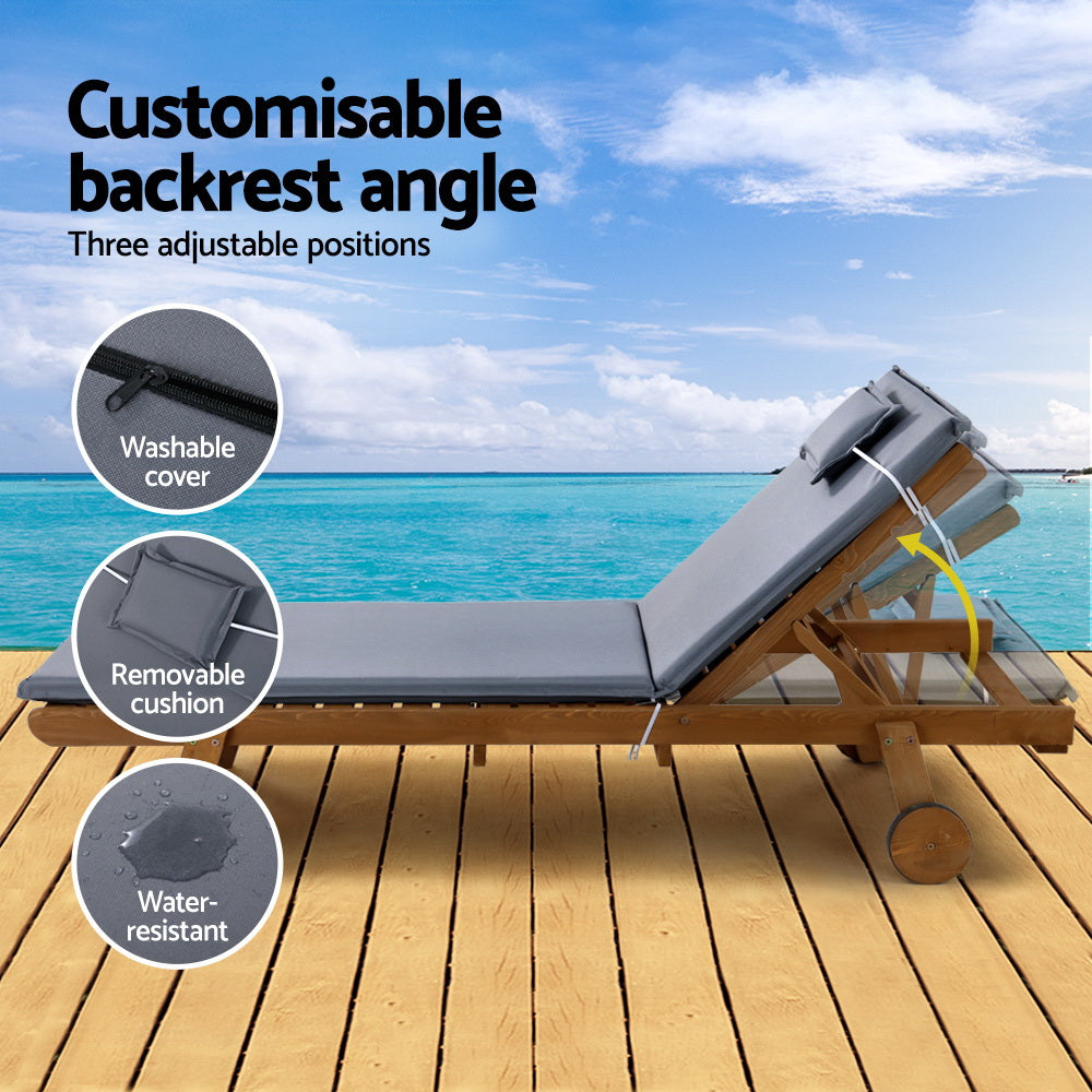 Gardeon 2x Sun Lounge Wooden Lounger Outdoor Furniture Day Bed Wheel Patio Grey - TRENDZ