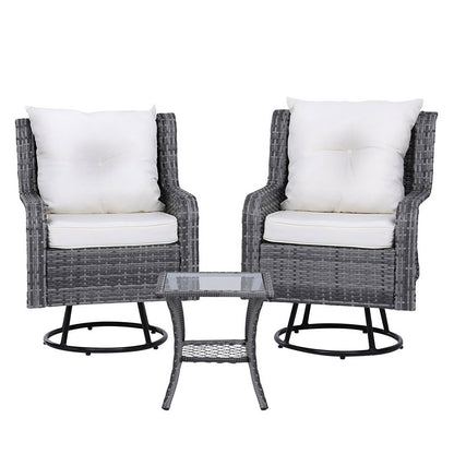 Gardeon 3PC Outdoor Furniture Bistro Set Lounge Wicker Swivel Chairs Table Cushion Grey - TRENDZ
