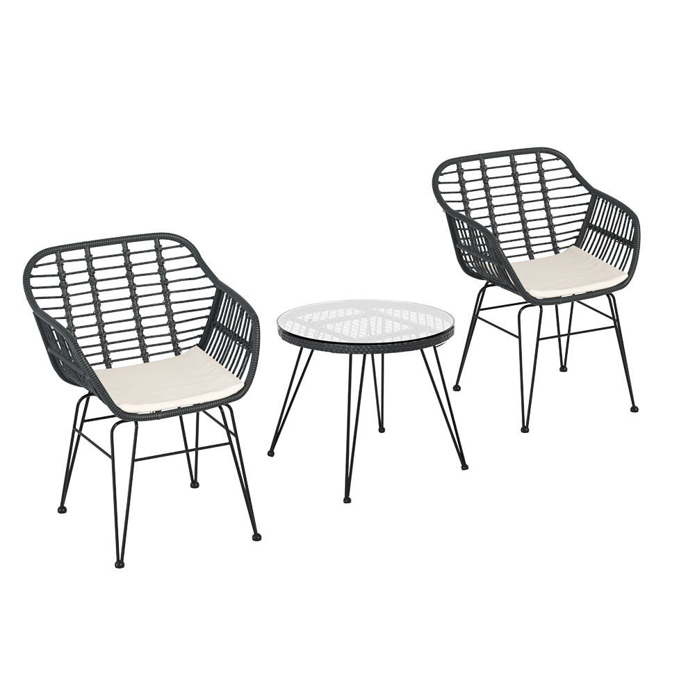 Gardeon 3PC Outdoor Furniture Bistro Set Lounge Setting Table Chairs Cushion Patio Grey - TRENDZ