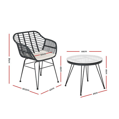 Gardeon 3PC Outdoor Furniture Bistro Set Lounge Setting Table Chairs Cushion Patio Grey - TRENDZ