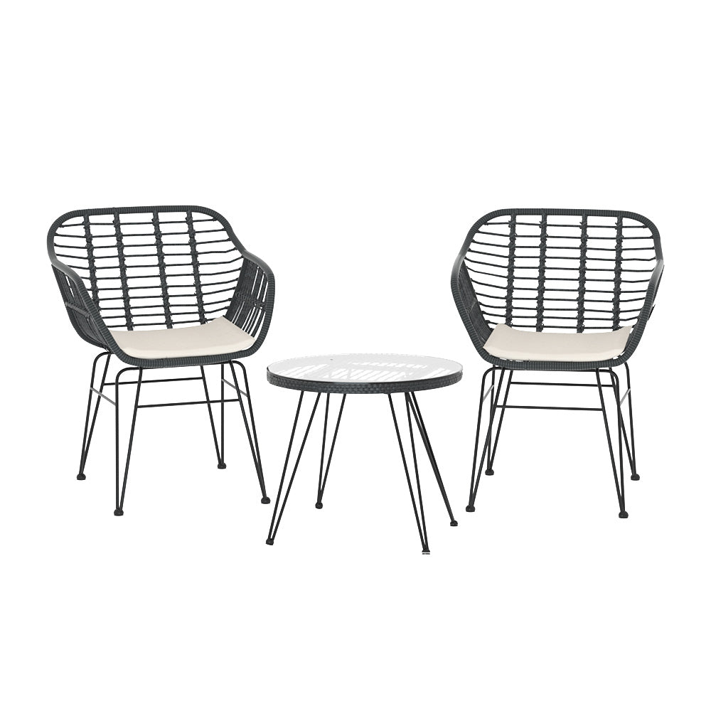 Gardeon 3PC Outdoor Furniture Bistro Set Lounge Setting Table Chairs Cushion Patio Grey - TRENDZ