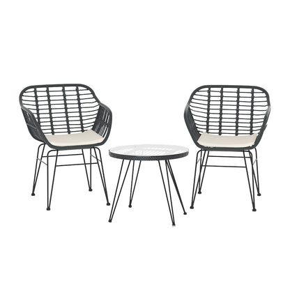 Gardeon 3PC Outdoor Furniture Bistro Set Lounge Setting Table Chairs Cushion Patio Grey - TRENDZ