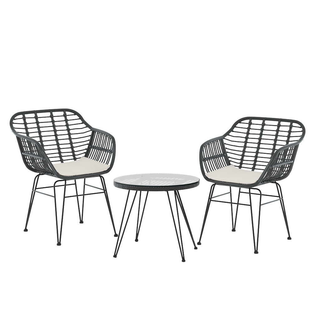 Gardeon 3PC Outdoor Furniture Bistro Set Lounge Setting Table Chairs Cushion Patio Grey - TRENDZ