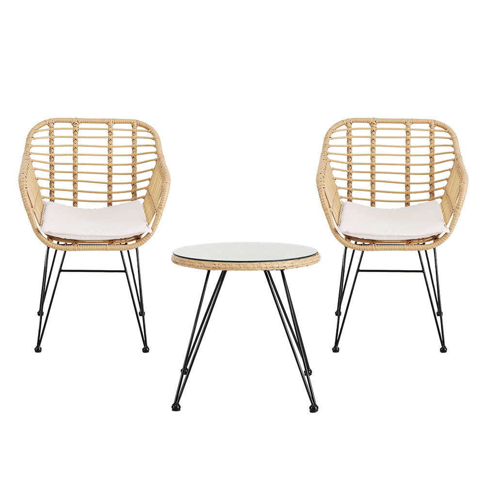 Gardeon 3PC Outdoor Furniture Bistro Set Lounge Setting Table Chairs Cushion Patio Grey - TRENDZ