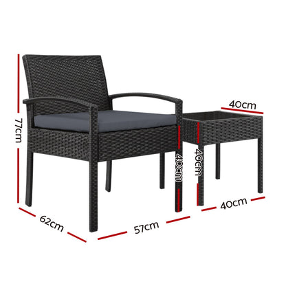 Gardeon 3PC Patio Furniture Bistro Set Wicker Outdoor Lounge Setting Black - TRENDZ