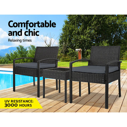 Gardeon 3PC Patio Furniture Bistro Set Wicker Outdoor Lounge Setting Black - TRENDZ