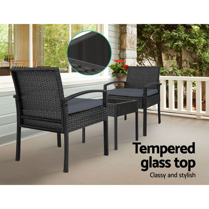 Gardeon 3PC Patio Furniture Bistro Set Wicker Outdoor Lounge Setting Black - TRENDZ