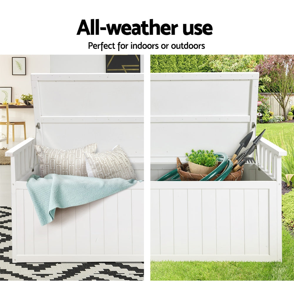 Gardeon Outdoor Storage Bench Box 129cm Wooden Garden Toy Chest Sheds Patio Furniture XL White - TRENDZ