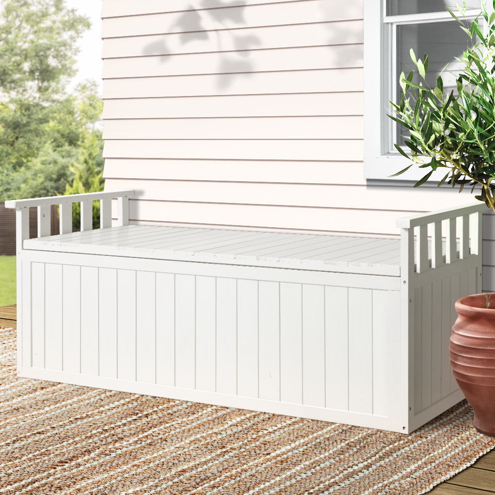 Gardeon Outdoor Storage Bench Box 129cm Wooden Garden Toy Chest Sheds Patio Furniture XL White - TRENDZ