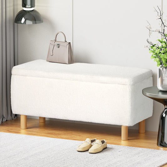 Artiss Storage Ottoman Blanket Box 99cm Teddy Fabric White - TRENDZ