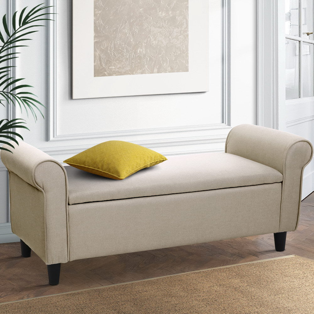 Artiss Storage Ottoman Blanket Box 125cm Arm Linen Taupe - TRENDZ